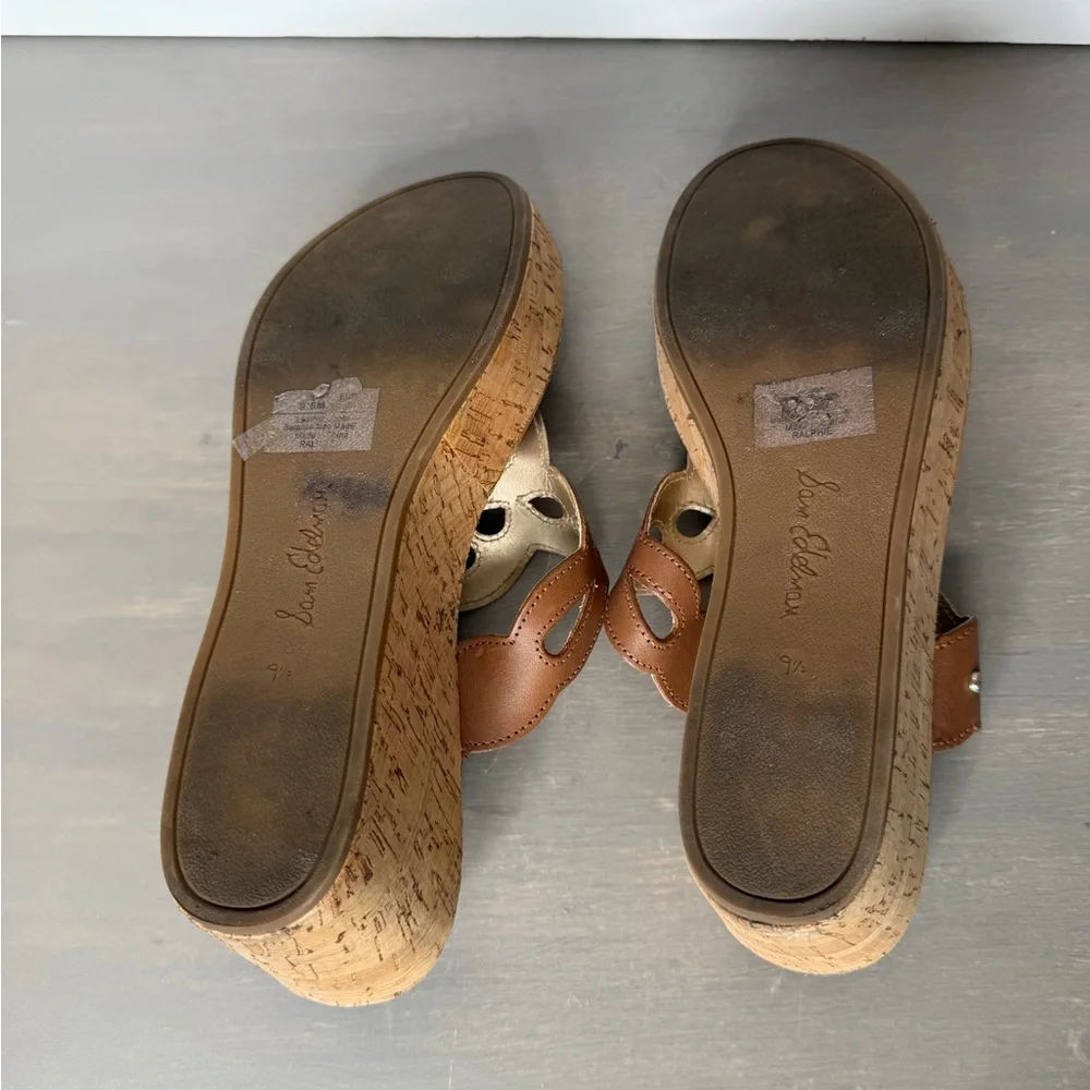 Sam Edelman Ralphie Wedge Sandals Womens 9.5 Brown Leather Cork Thong